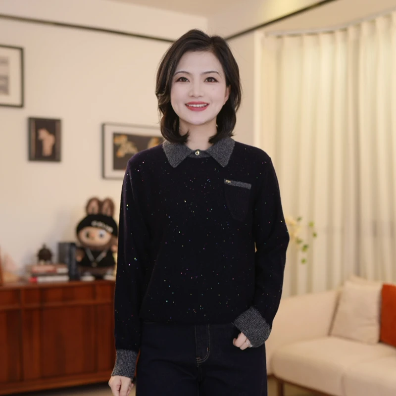 阿楠anan 浪漫星辰 绵羊毛时尚撞色翻领钉珠针织衫亮片毛衣女冬季