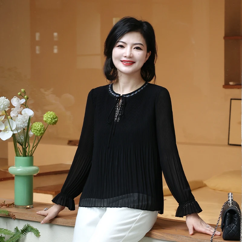 枫竺阿楠anan  时光漫舞 赫本风纯色抽绳圆领水波纹衬衫上衣女秋