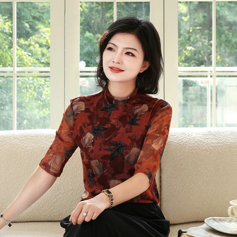 阿楠anan一梦芳华 100针织桑蚕丝气质印花半高领夏季弹力真丝小衫