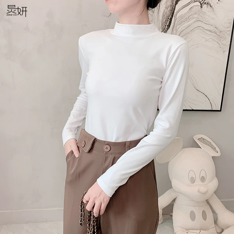 炅妍德绒加厚保暖半高领长袖打底衫女春秋修身t恤女中领上衣时尚