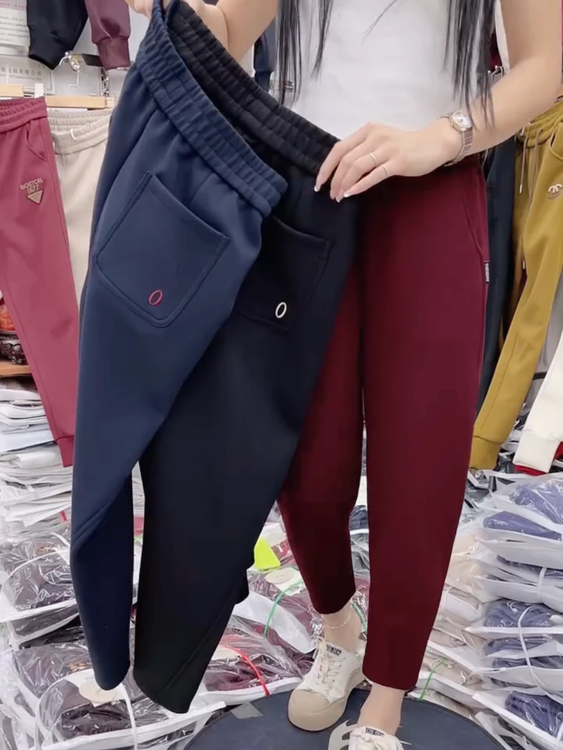 安哥拉红冬季加绒加厚超柔洋气显瘦哈伦裤（裤长90）休闲裤女加绒