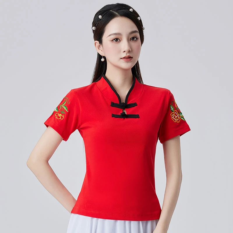 2024年夏季广场舞服装中式复古国潮半袖显瘦女款中国风舞蹈服短袖