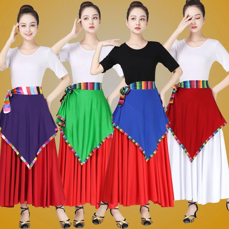 广场舞服装新款藏族舞小围裙系带一片式半身裙成人民族风腰带裙子