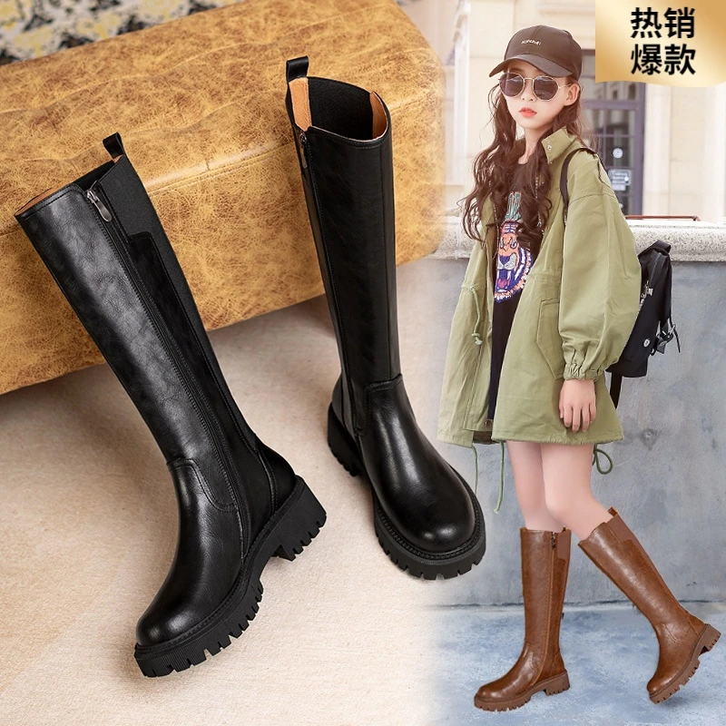 女童靴子2023秋冬季新款儿童加绒长靴高筒骑士靴中大童软底单靴女