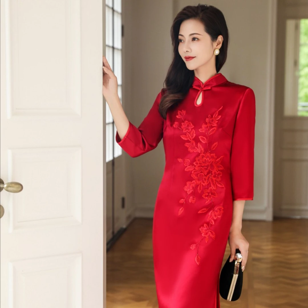 京羽裳72856修身显瘦高贵优雅醋酸缎喜婆婆妈妈装气质旗袍红色