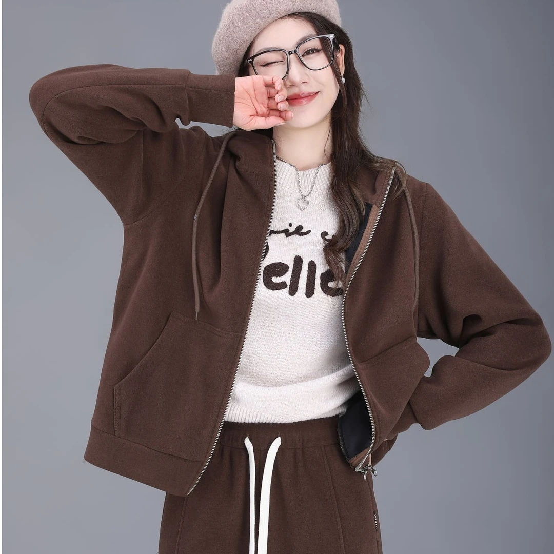 秋冬保暖套装婴儿绒连帽加厚上衣+高腰松紧加绒休闲阔腿裤百搭