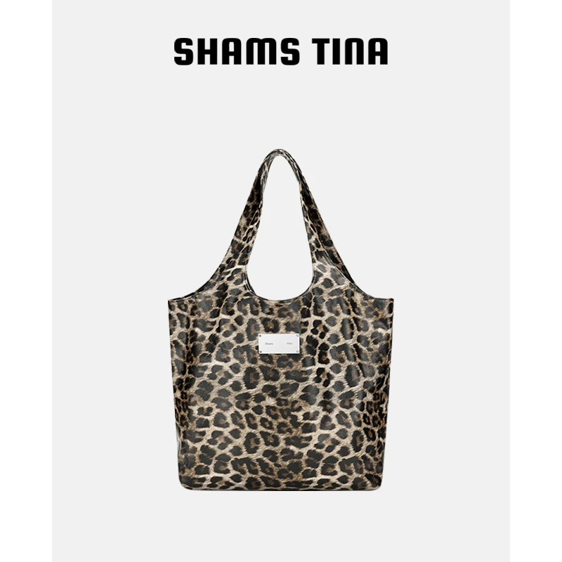 ShamsTina豹纹大容量托特包丝印单肩腋下包包简约百搭女包