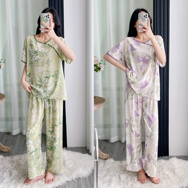 国风睡衣女士套装夏季棉绸短袖长裤懒人家居服新中式女款两件套薄