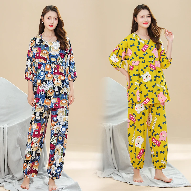 韩版睡衣女套装七分袖棉绸女士夏季薄款空调家居服两件套宽松大码
