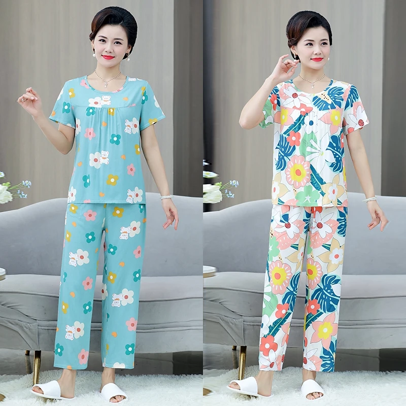 妈妈夏装棉绸睡衣套装花色短袖上衣中年女士绵绸长裤居家可外穿薄
