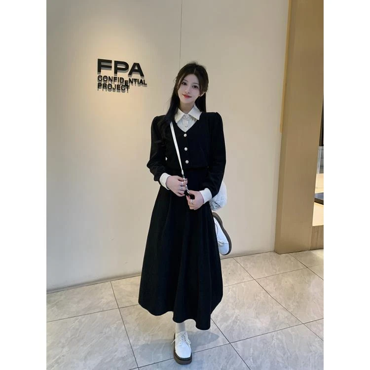 （80-200斤）大码长袖假两件连衣裙冬季新款胖mm高腰显瘦复古裙1404