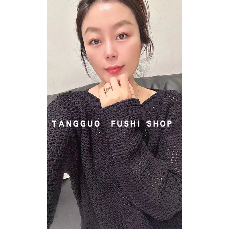 一字肩韩版『镂空』长袖针织衫气质套头松弛感百搭毛衣