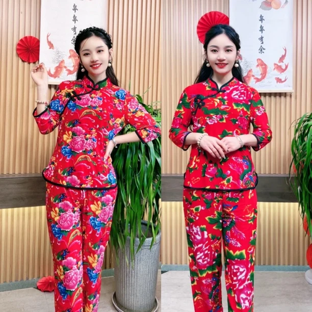 7分袖改良旗袍小上衣阔腿裤碎花短款打底衫修身显瘦复古风衣服女