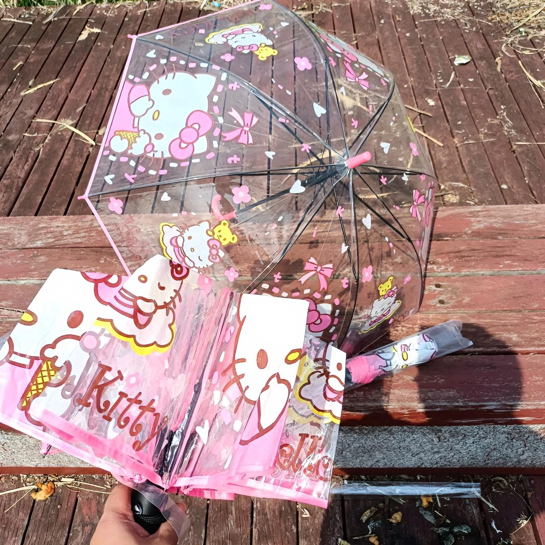 森系凯蒂透明雨伞全自动漫高颜值卡通KT猫少女折叠伞加厚伞