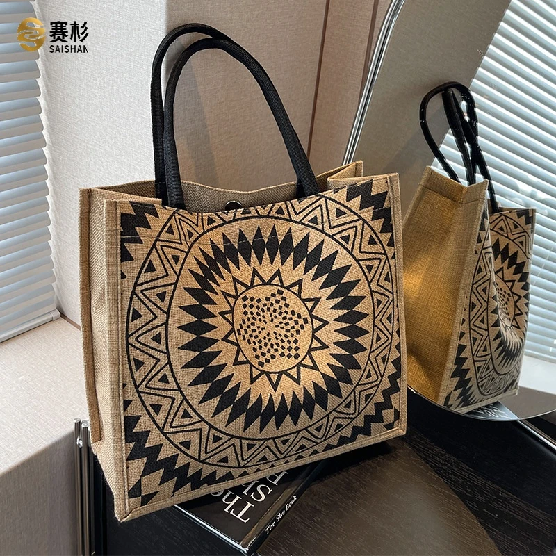 大容量亚麻单肩托特包包女新款民族风时尚妈咪包大学生上课手提包