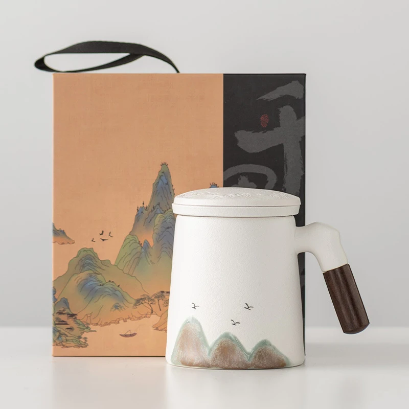 千里江山陶瓷过滤内胆水杯国潮办公杯礼盒商务企业家用带盖礼品