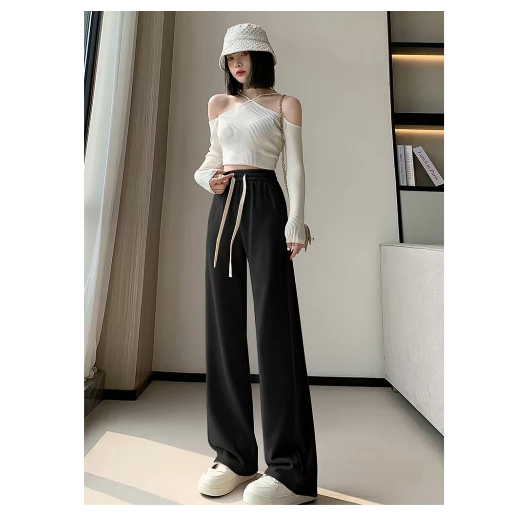 糯米裤~时髦垂顺长腿空气裤宽松抽绳高腰休闲裤女拖地显瘦