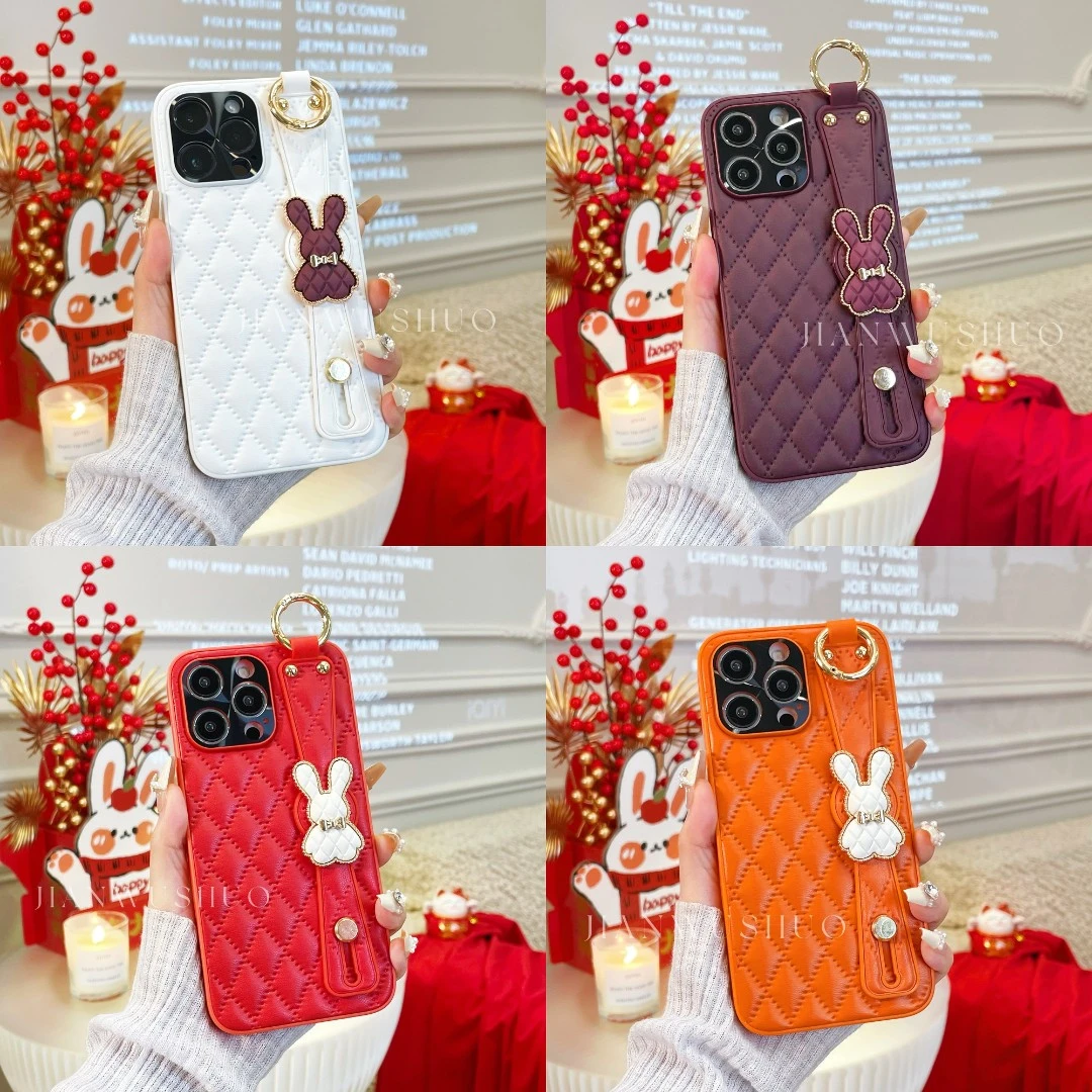 简物说【适用苹果】菱格纹兔子腕带手机壳iphone14promax/13p/12