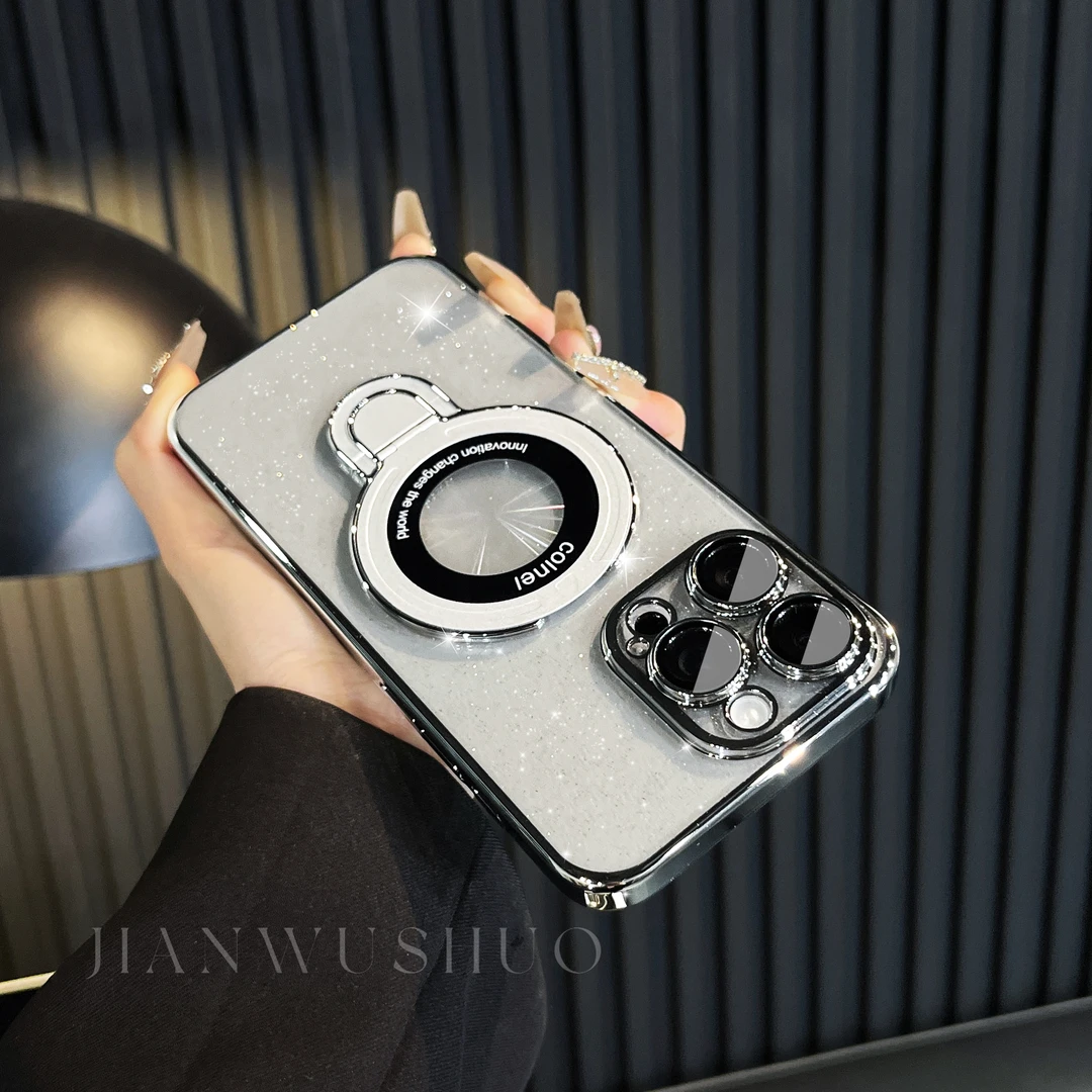 新款透明星空闪粉磁吸支架苹果15promax手机壳iphone14pro13/12