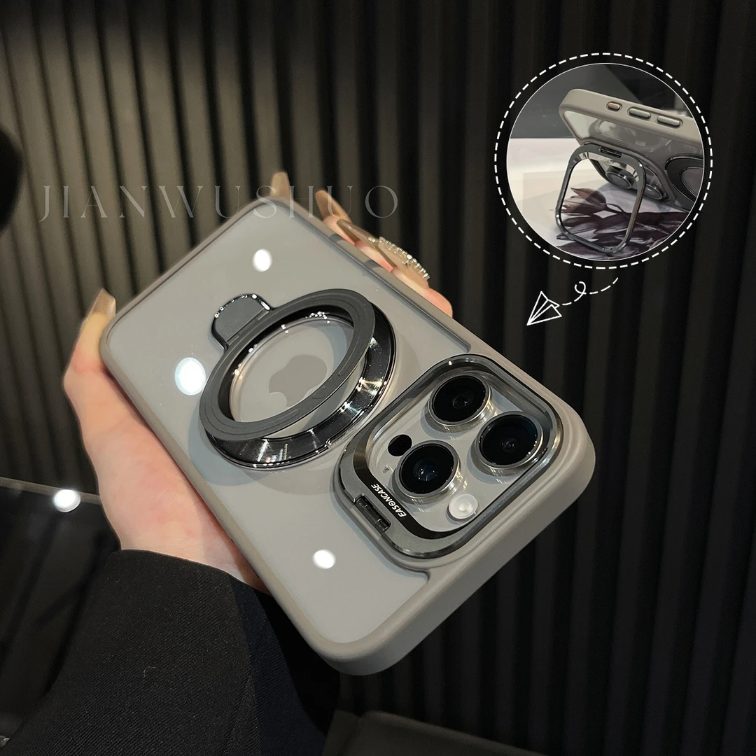 适用苹果15promax创意翻盖镜头磁吸支架手机壳iphone14pro防摔13
