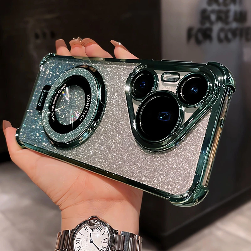 适用于华为Pura80手机壳70pro带镜头膜60透明闪粉支架软四角气囊