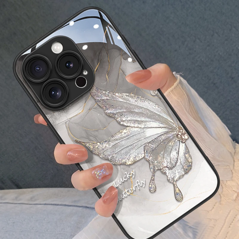 适用于苹果15ProMax新款iPhone14玻璃xs高级感13蝴蝶12水墨11防摔