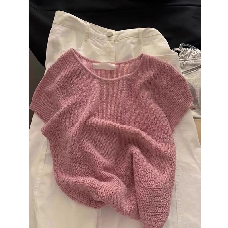 夏季薄款百搭超好看小个子短款粉色方领正肩冰丝针织短袖T恤上衣