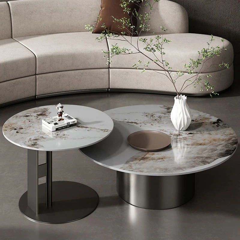 意式极简轻奢岩板茶几现代简约圆形茶几客厅家用不锈钢储物茶几