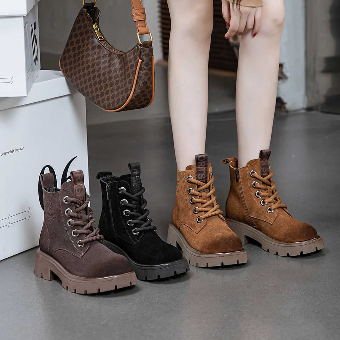 磨砂马丁靴女款时尚圆头爆款洋气网红款春秋季单靴厚底靴子短靴