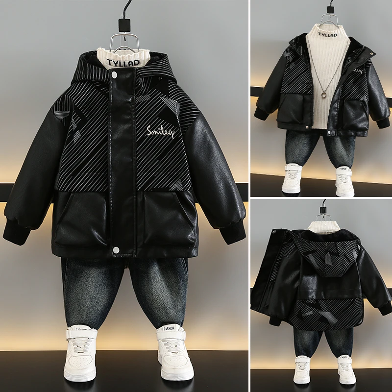 男童秋冬装加绒皮衣外套2025新款洋气男孩儿童冬季加厚夹棉皮夹克