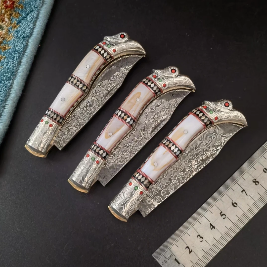 英吉沙纯银工艺制作精美锋利折叠小刀刀具花纹户外大马士革高档