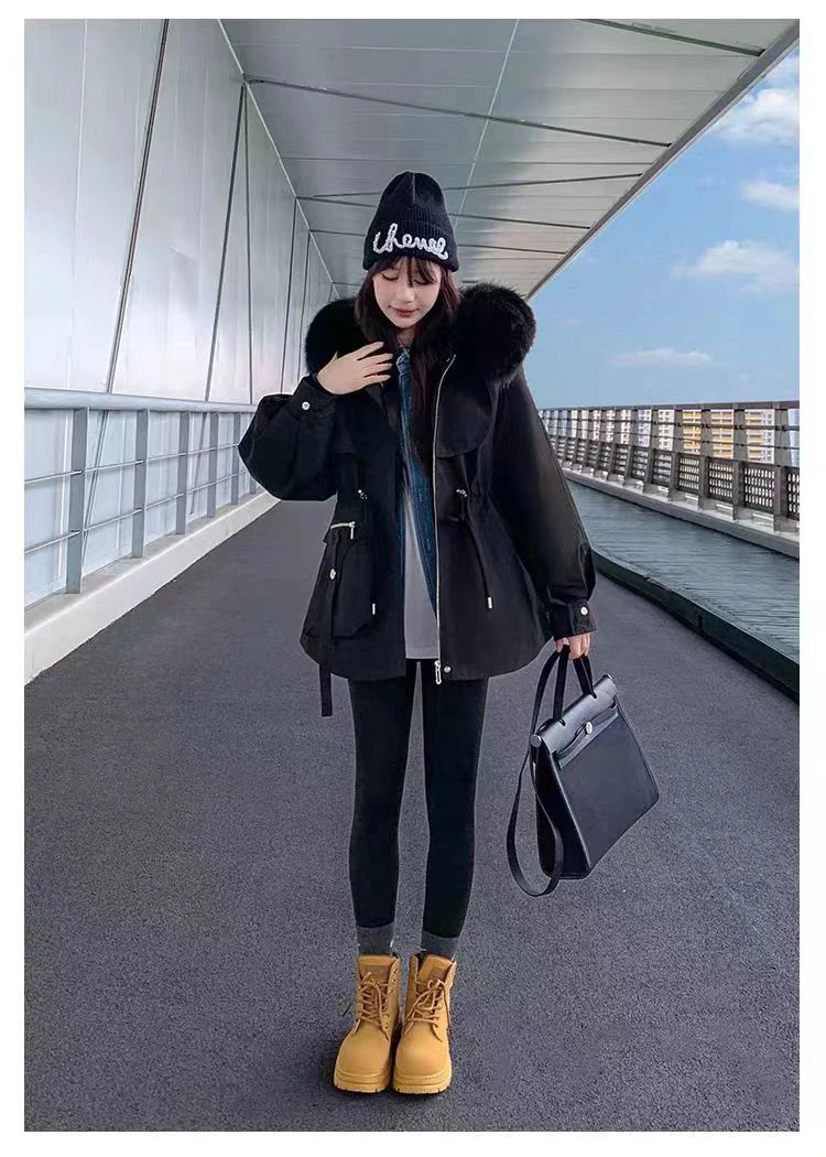 【万人迷】女士时尚兔毛内胆派克服显瘦收腰保暖冬季宽松大毛领2238