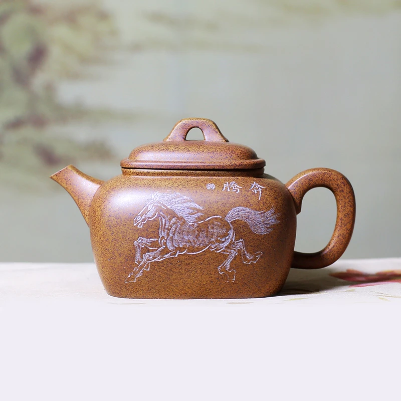 宜兴名家手工紫砂壶研高黄大师翡翠金砂系列四方坦然500毫升