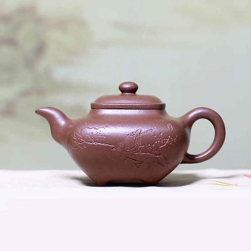 宜兴名家手工紫砂壶原矿降坡泥高工强济人作品传炉壶刻鸟款茶壶