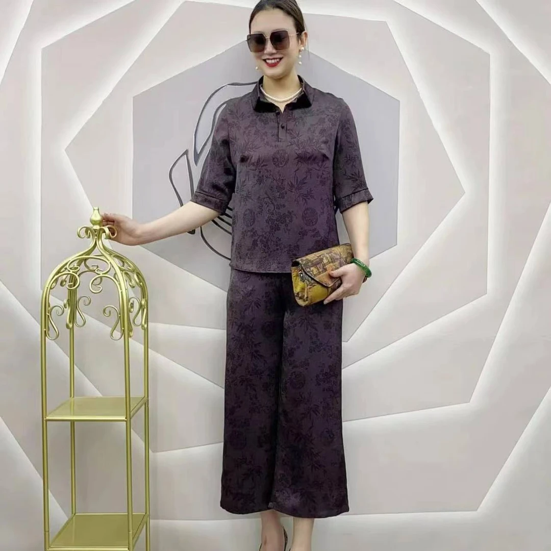 833新款时尚翻领富贵竹上衣裤套裤