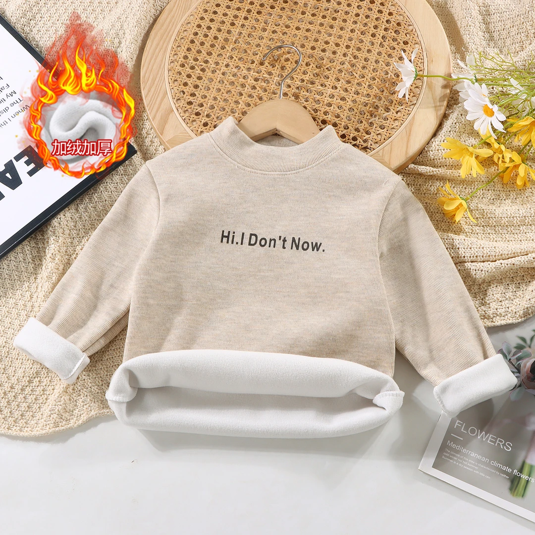 儿童加绒保暖上衣新款男童女童半高领百搭长袖打底衫宝宝秋冬加厚