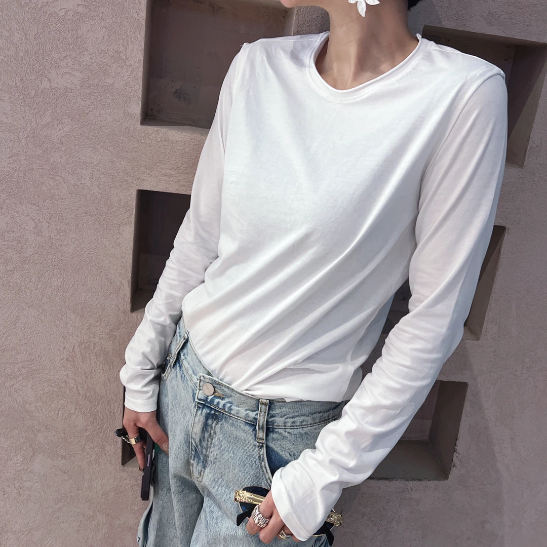 欧货长袖T恤女早秋打底衫2024年新款韩版简约百搭设计感小众上衣