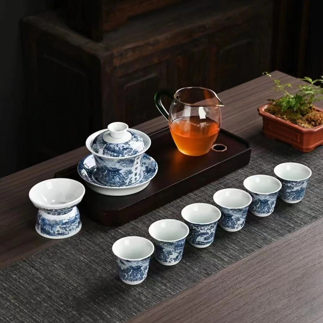 羊脂玉青花青明上河图功夫茶具套组三才盖碗家用会客国潮风复古