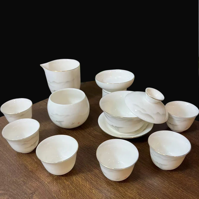 羊脂玉白瓷烟雨轻舟悬停功夫茶具套装盖碗茶杯家用办公整套简约