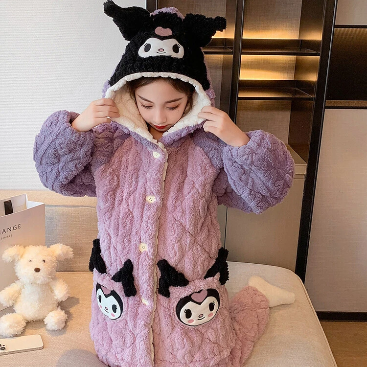 女童睡衣冬季三层夹棉加厚款儿童法兰绒家居服大童珊瑚绒睡袍套装