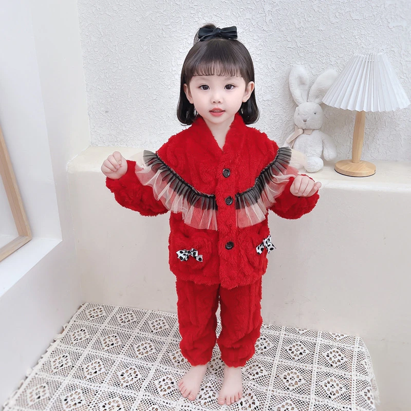 洋气婴儿小童三层儿童睡衣法兰绒秋冬加绒加厚女孩公主家居服套装