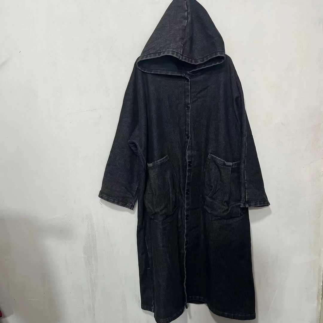 【沐木流浪记】黑牛仔连帽双口袋风衣外套T4-1