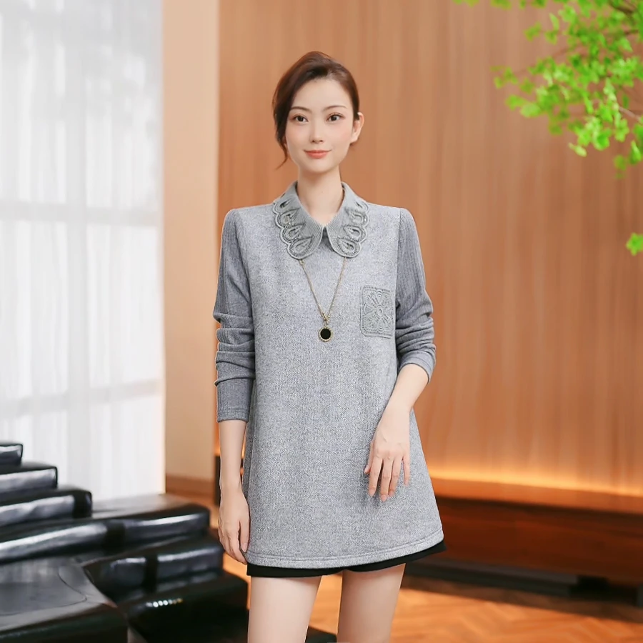 ColorArea/色域38节~特~显瘦中长款细闪娃娃领打底减龄上衣