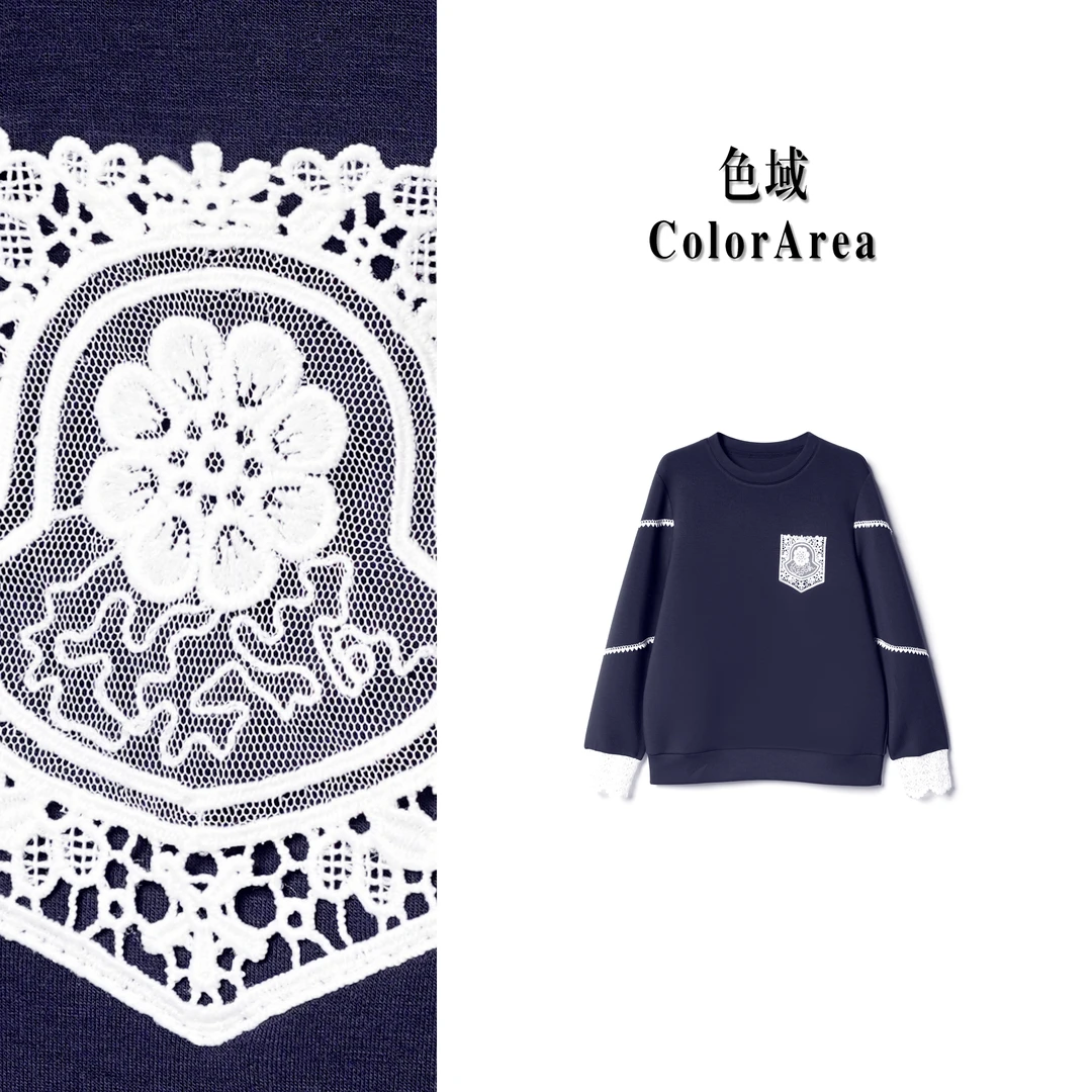 ColorArea/色域秋冬新款重工蕾丝拼接宽松显瘦圆领套头百搭卫衣女