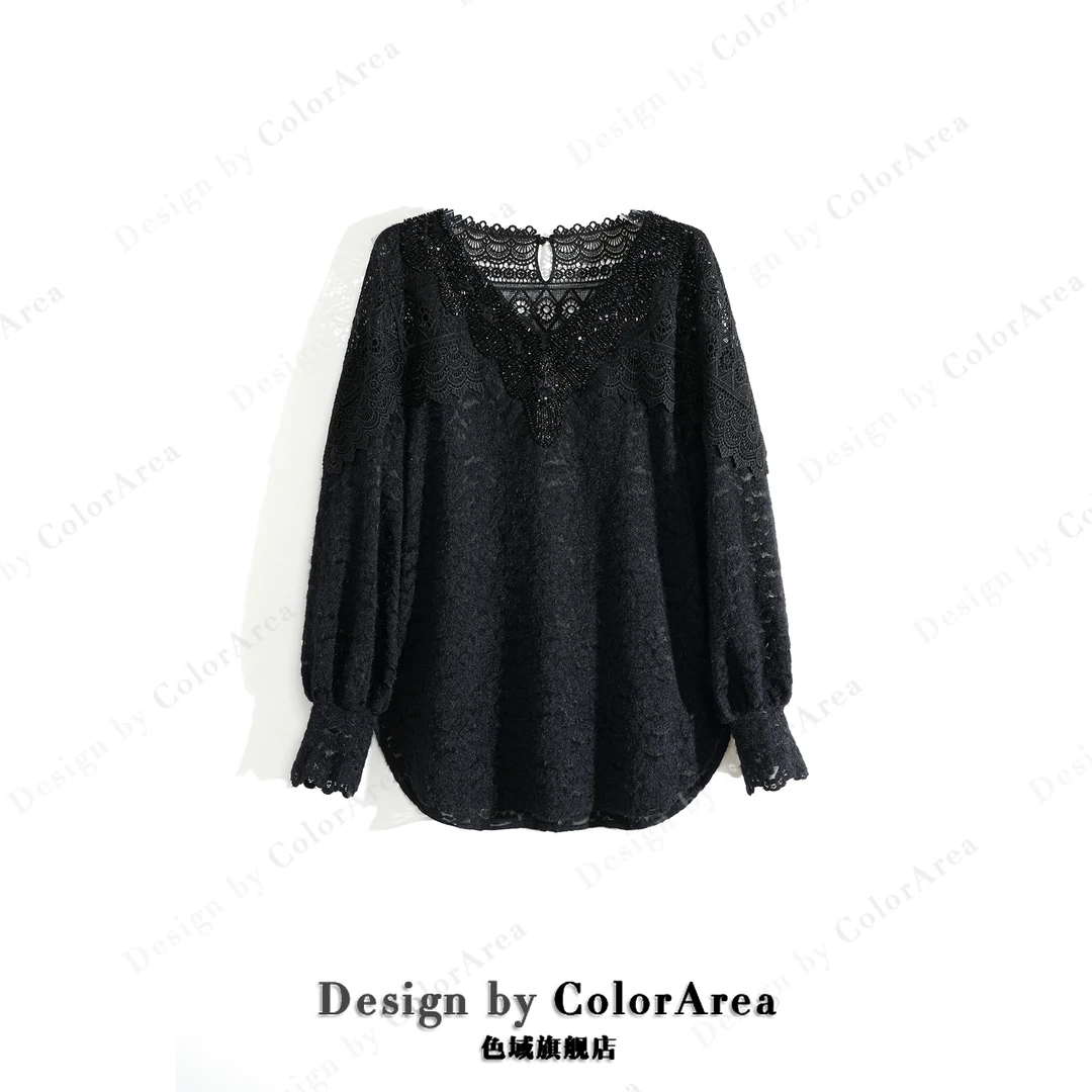 ColorArea/色域新款提花植绒蕾丝拼接气质百搭V领盘扣打底衫上衣