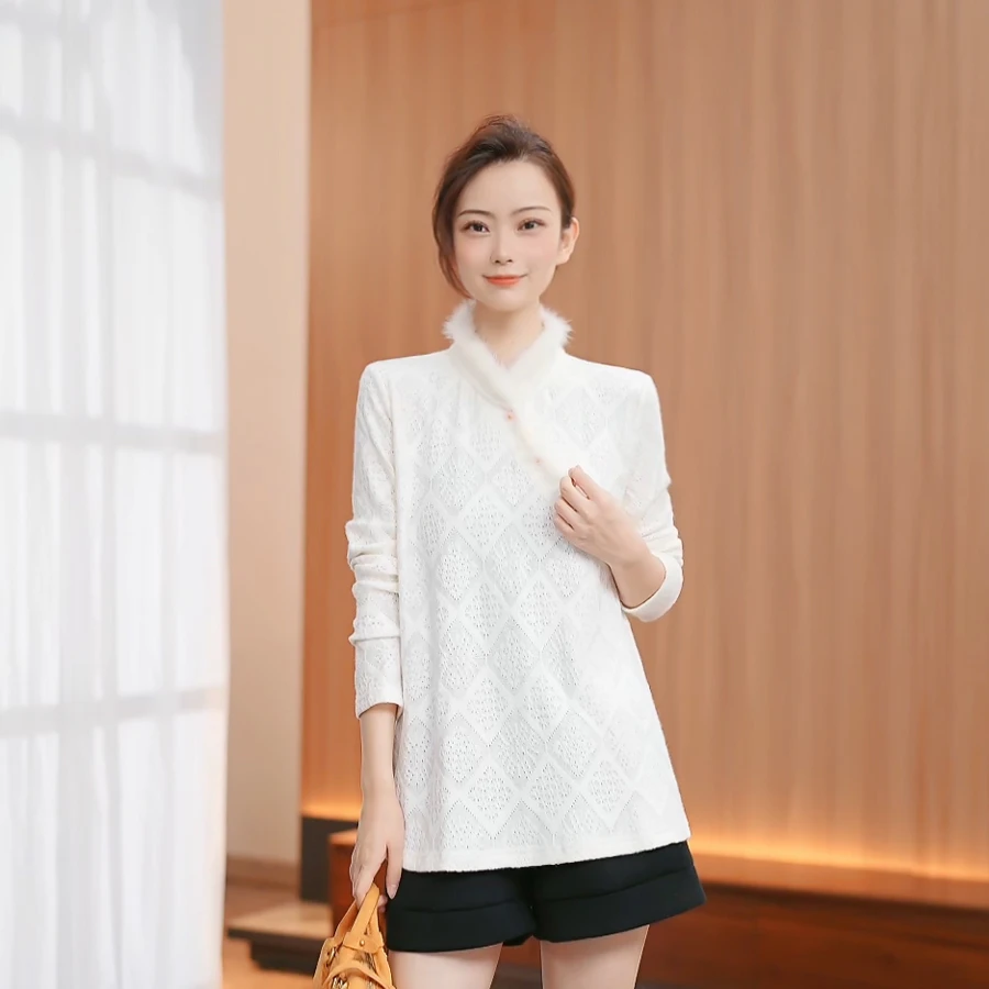 ~断码~清~秋冬复古新中式气质百搭水貂毛领针织上衣打底衫