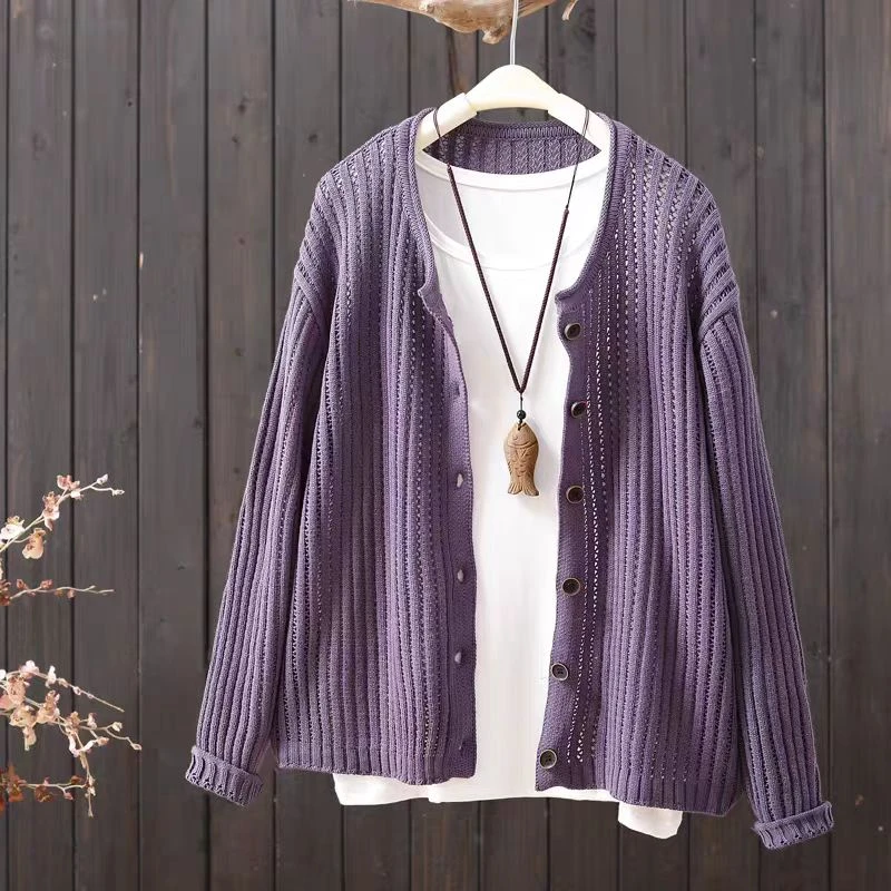 【与心交织】镂空圆领开衫针织长袖棉线宽松大码舒适纯色竖条纹显瘦