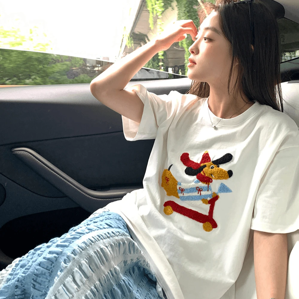 快乐小狗毛巾绣滑板狗狗短袖t恤女减龄纯棉夏季宽松时尚上衣卡通