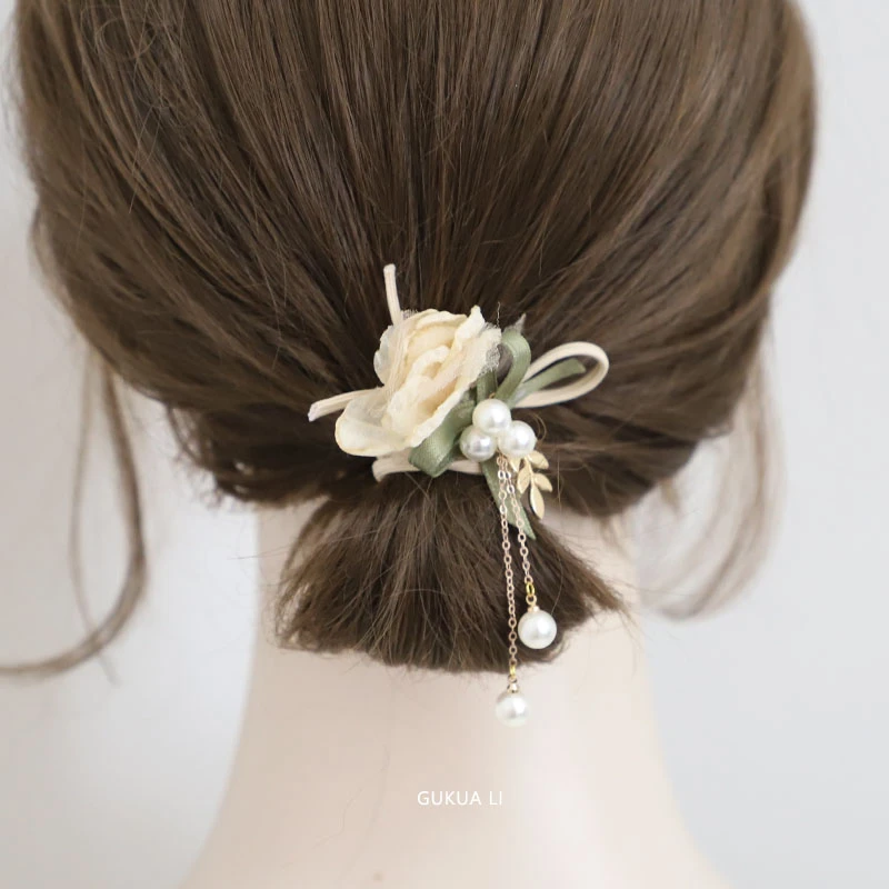 GUKUALI 非金属发饰 2564 栀子花珍珠发圈发绳森系少女超仙气质