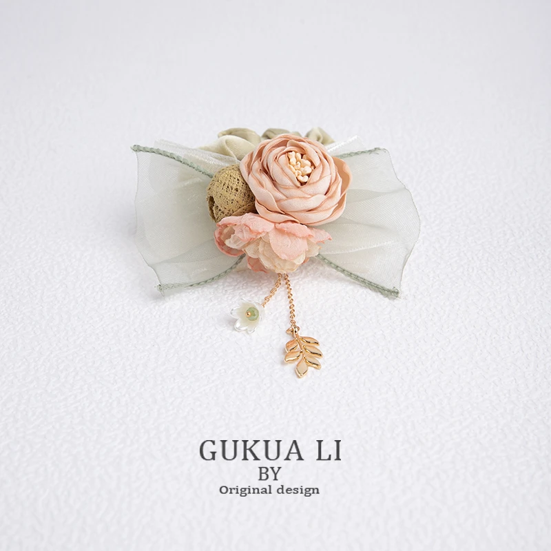 GUKUALI手工头饰发饰奶绿蝴蝶结花朵流苏发圈超仙气质网纱肠圈